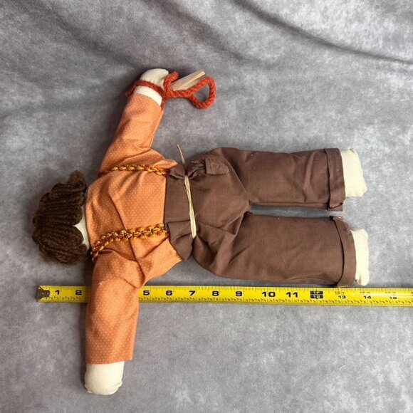 VTG Handmade Rag Doll Orange Dot Shirt Suspenders Toy Slingshot in Rear Pocket - Picture 7 of 9